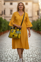 Hand Crafted Square Bag With A Strap From Recycled Leather and recycled tin can - Yellow