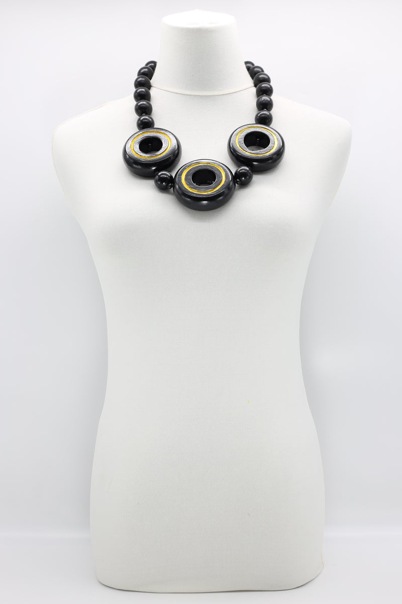Recycled Wood 3 Donuts and Black Beads Necklace - Jianhui London