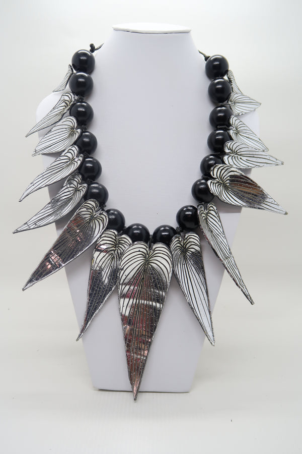 Handmade Bamboo Leaf Necklace – Recycled Plastic & Wood Beads Statement Jewelry