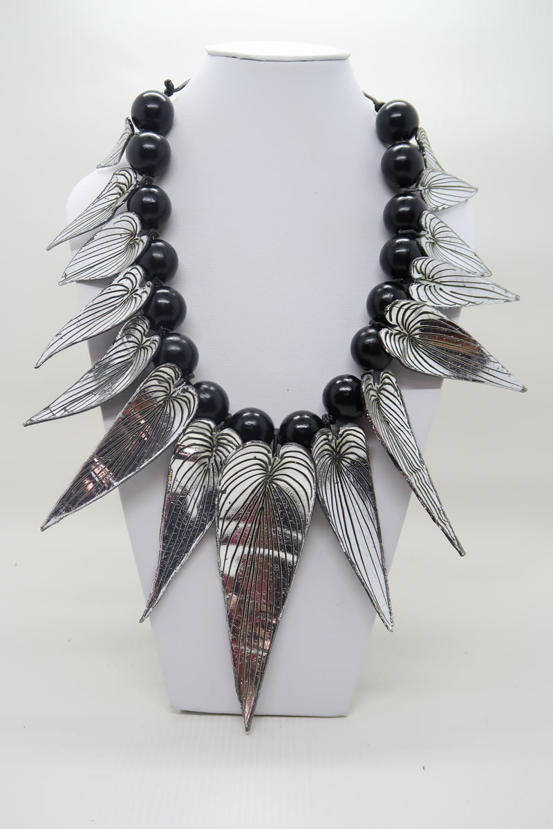 Handmade Bamboo Leaf Necklace – Recycled Plastic & Wood Beads Statement Jewelry