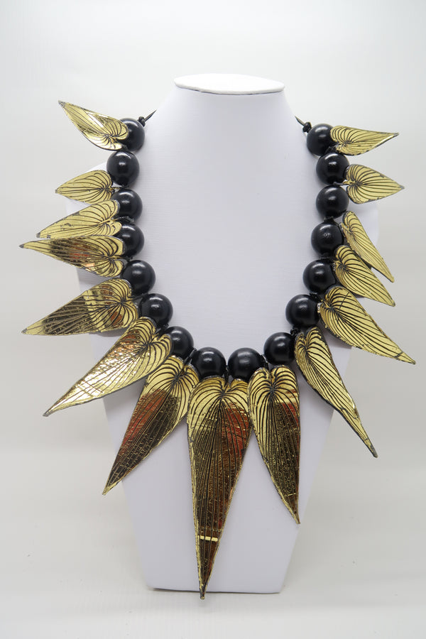 Handmade Bamboo Leaf Necklace – Recycled Plastic & Wood Beads Statement Jewelry