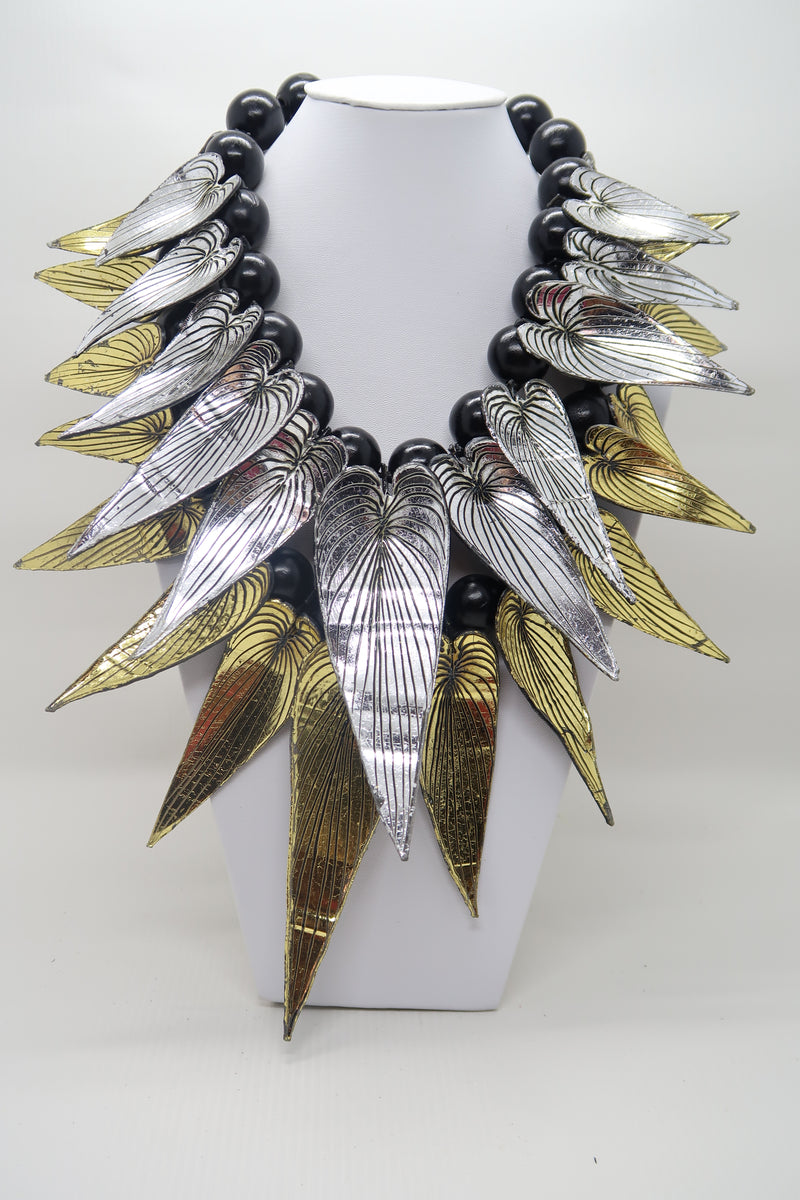 Handmade Bamboo Leaf Necklace – Recycled Plastic & Wood Beads Statement Jewelry