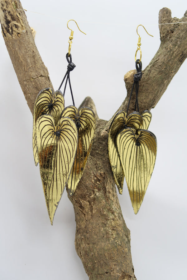 Handmade Bamboo Leaf Earrings – Recycled Plastic, Hand-Painted & Gilded Statement Jewelry
