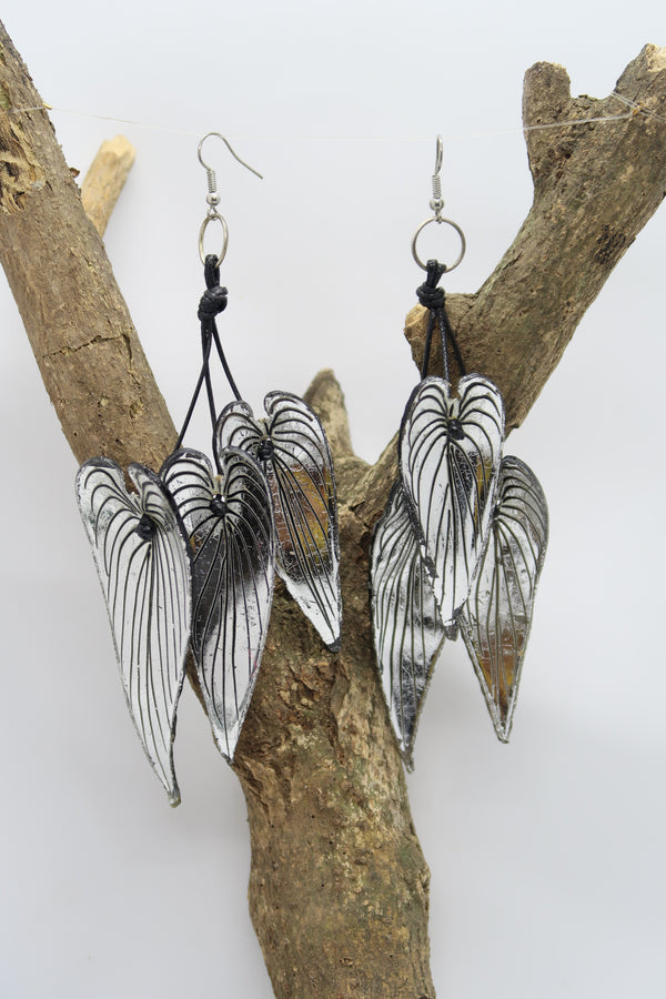 Handmade Bamboo Leaf Earrings – Recycled Plastic, Hand-Painted & Gilded Statement Jewelry