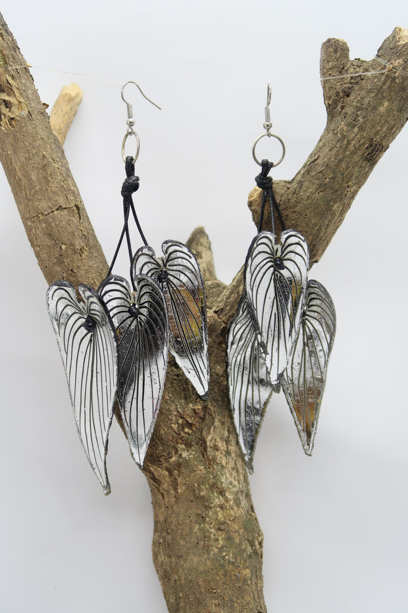 Handmade Bamboo Leaf Earrings – Recycled Plastic, Hand-Painted & Gilded Statement Jewelry