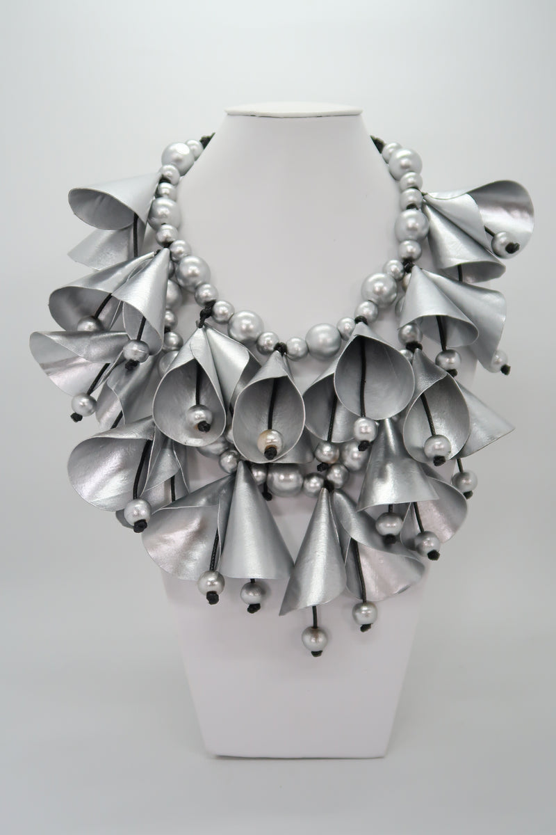 Handmade Rose Necklace – Recycled Fabric & Wooden Beads