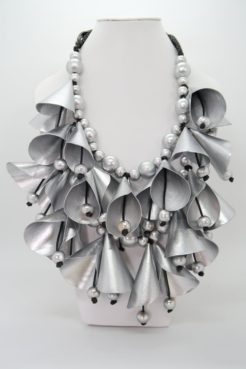 Handmade Rose Necklace – Recycled Fabric & Wooden Beads