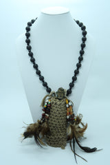 Handmade Asmat Bamboo Cord Necklace with Bronze Fumepirits Pendant & Lava Stone Beads
