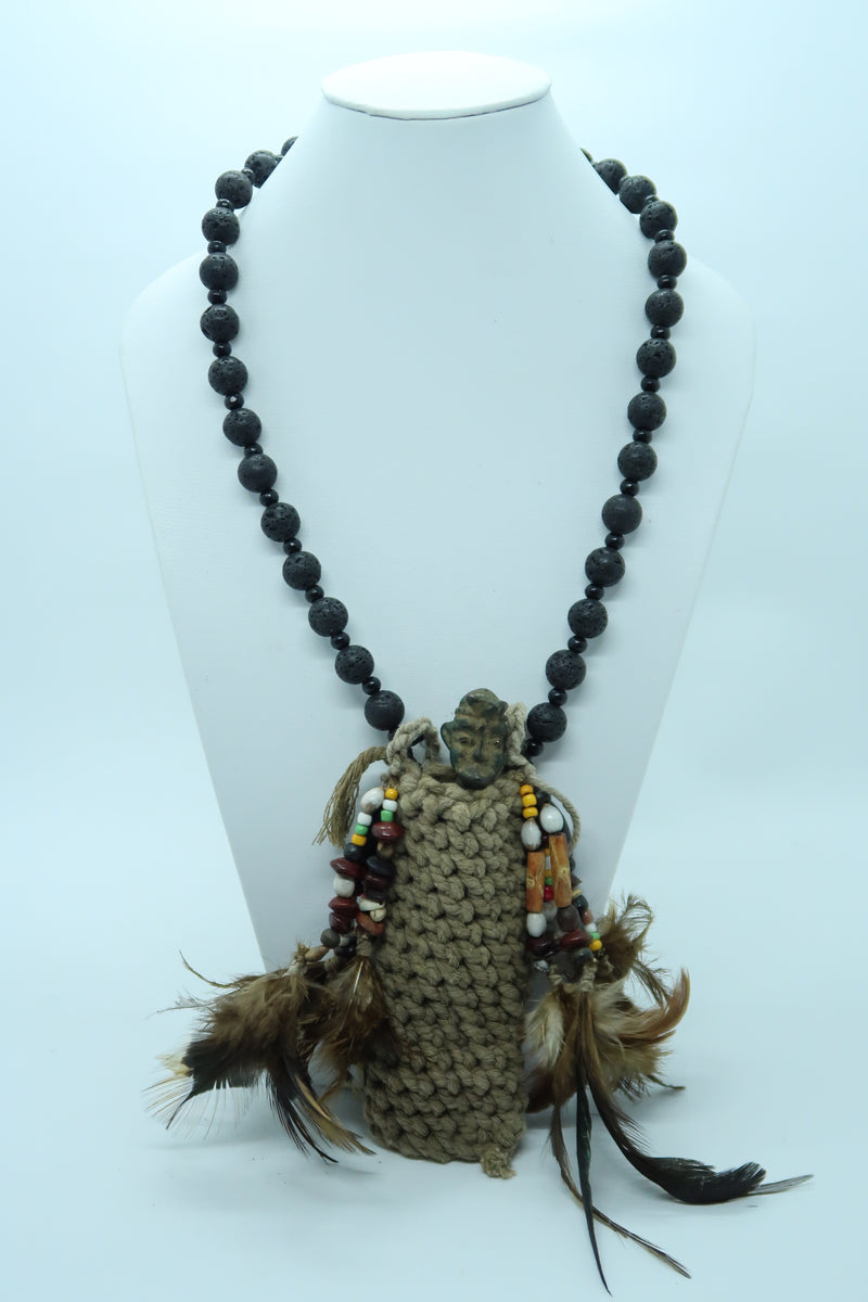 Handmade Asmat Bamboo Cord Necklace with Bronze Fumepirits Pendant & Lava Stone Beads