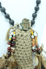 Handmade Asmat Bamboo Cord Necklace with Bronze Fumepirits Pendant & Lava Stone Beads
