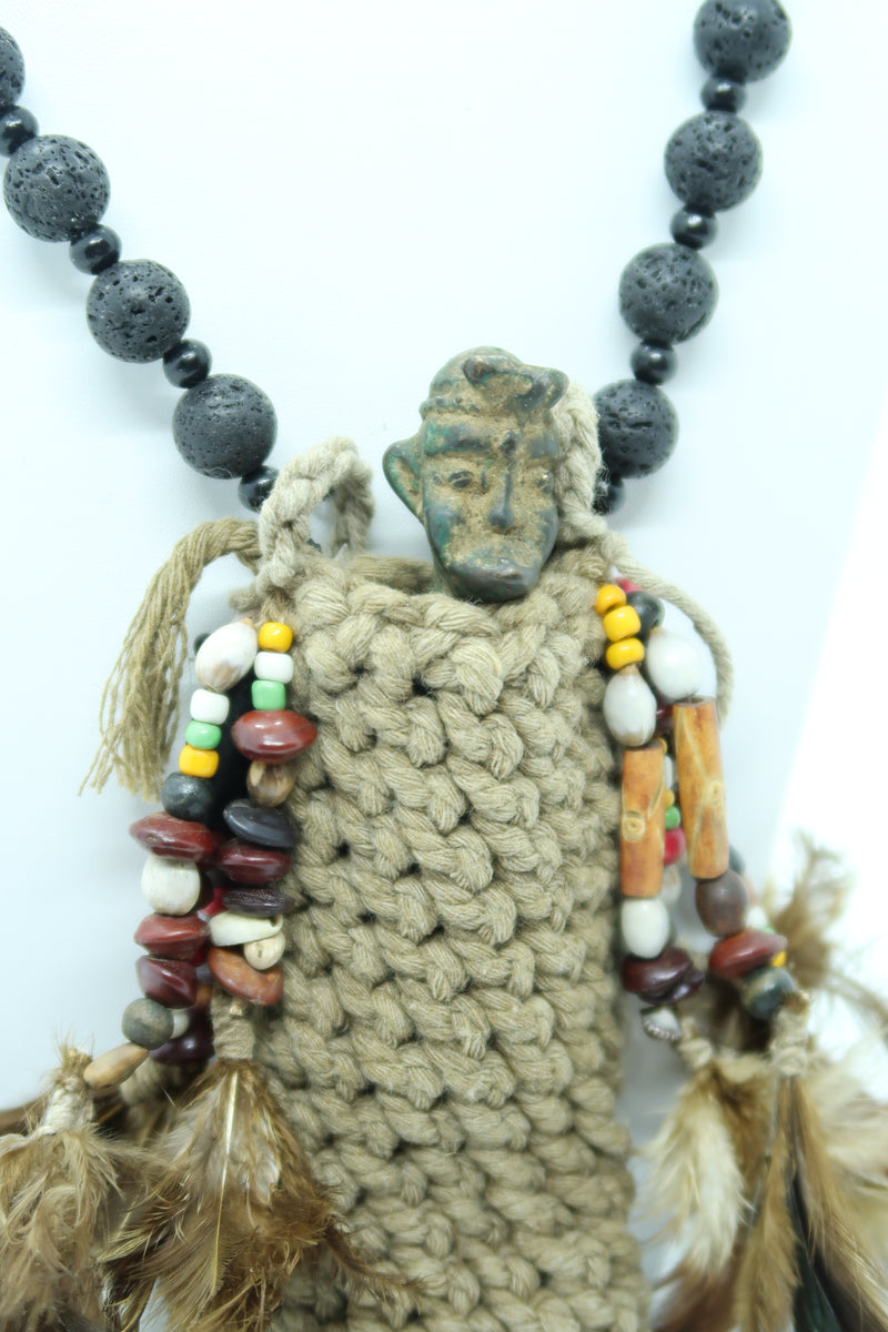 Handmade Asmat Bamboo Cord Necklace with Bronze Fumepirits Pendant & Lava Stone Beads