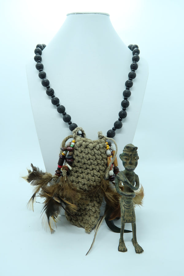 Handmade Asmat Bamboo Cord Necklace with Bronze Fumepirits Pendant & Lava Stone Beads