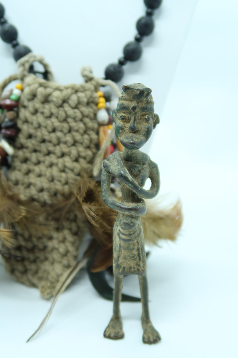 Handmade Asmat Bamboo Cord Necklace with Bronze Fumepirits Pendant & Lava Stone Beads