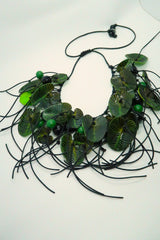 Handmade Coccoloba Leaf with tassle Necklace – Recycled Plastic & Wood Statement Jewelry