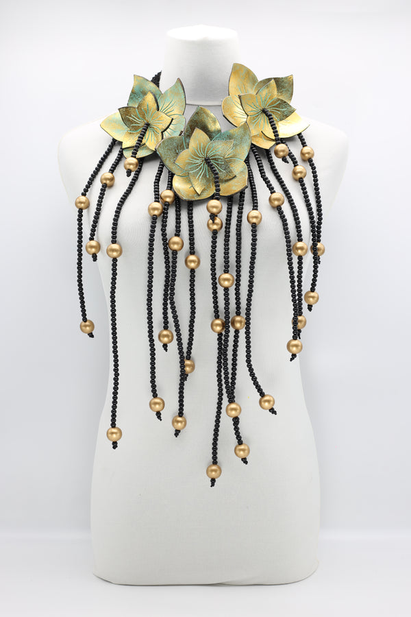 Turquoise and gold coconut shell water lily with black and gold beads necklace - Jianhui London