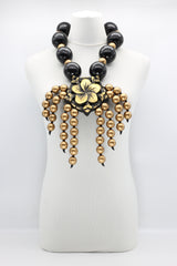 Recycled Wooden Beads With Carved Flower And Gold Beads Tassel Necklace - Jianhui London