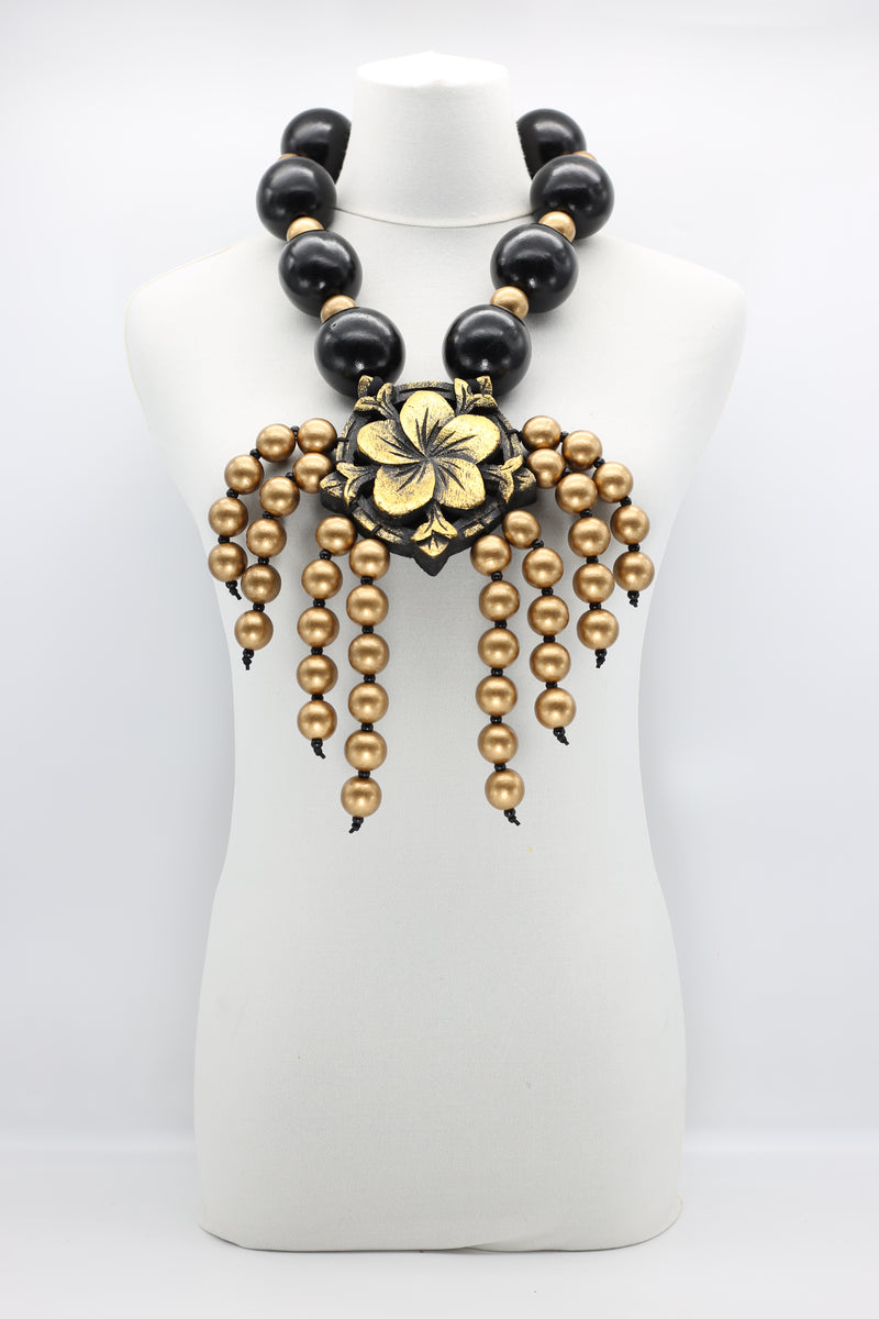 Recycled Wooden Beads With Carved Flower And Gold Beads Tassel Necklace - Jianhui London