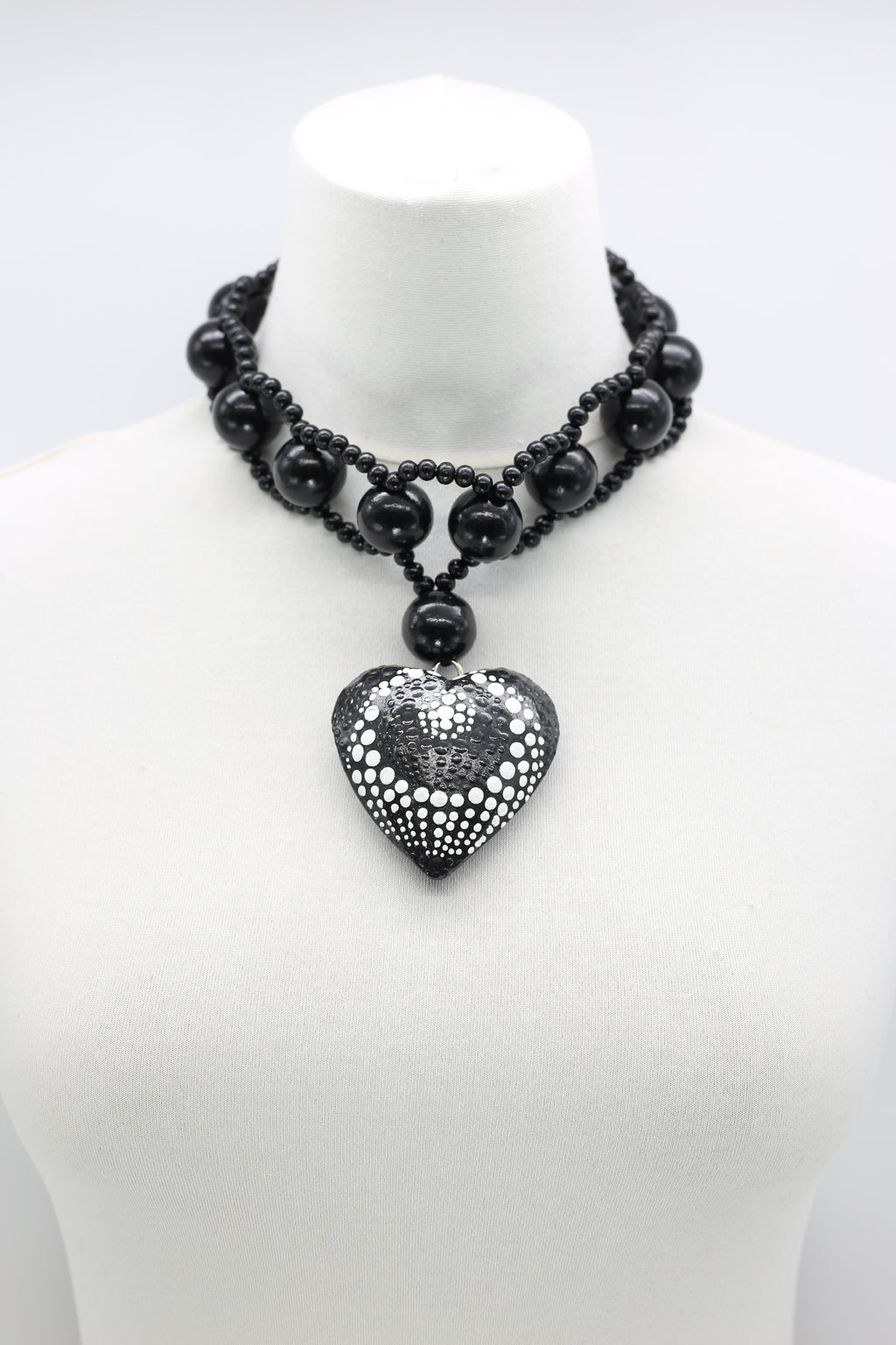 Recycled Small Wooden Beads 8 -shape Necklace With Polkadot Heart