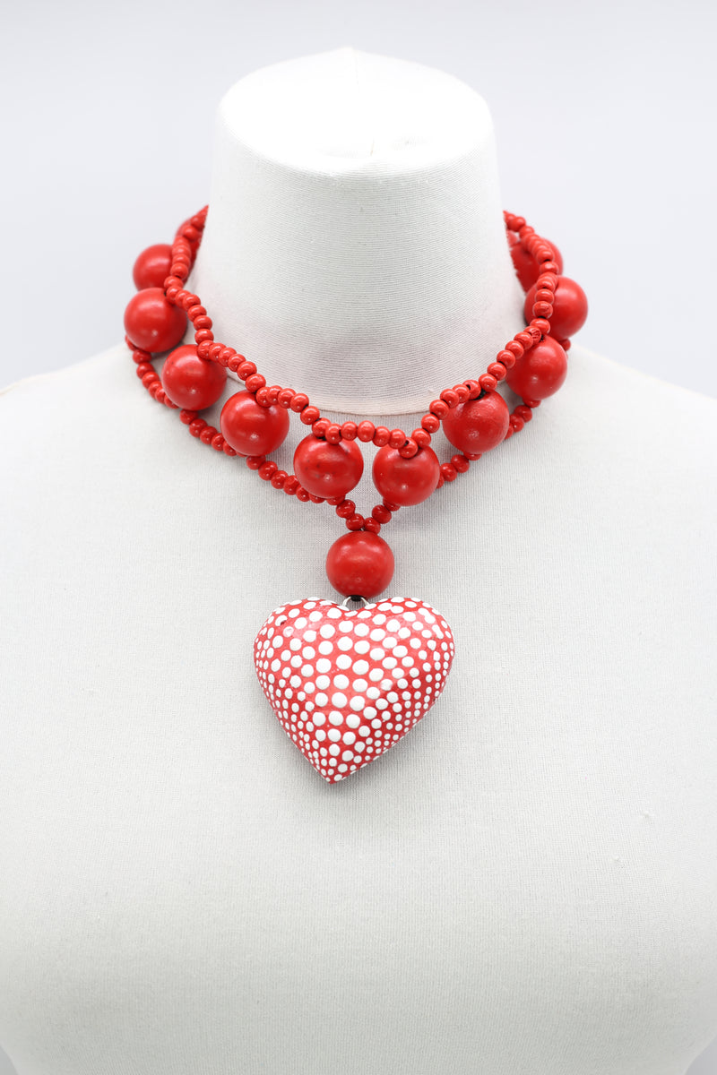 Recycled Small Wooden Beads 8 -shape Necklace With Polkadot Heart - Jianhui London