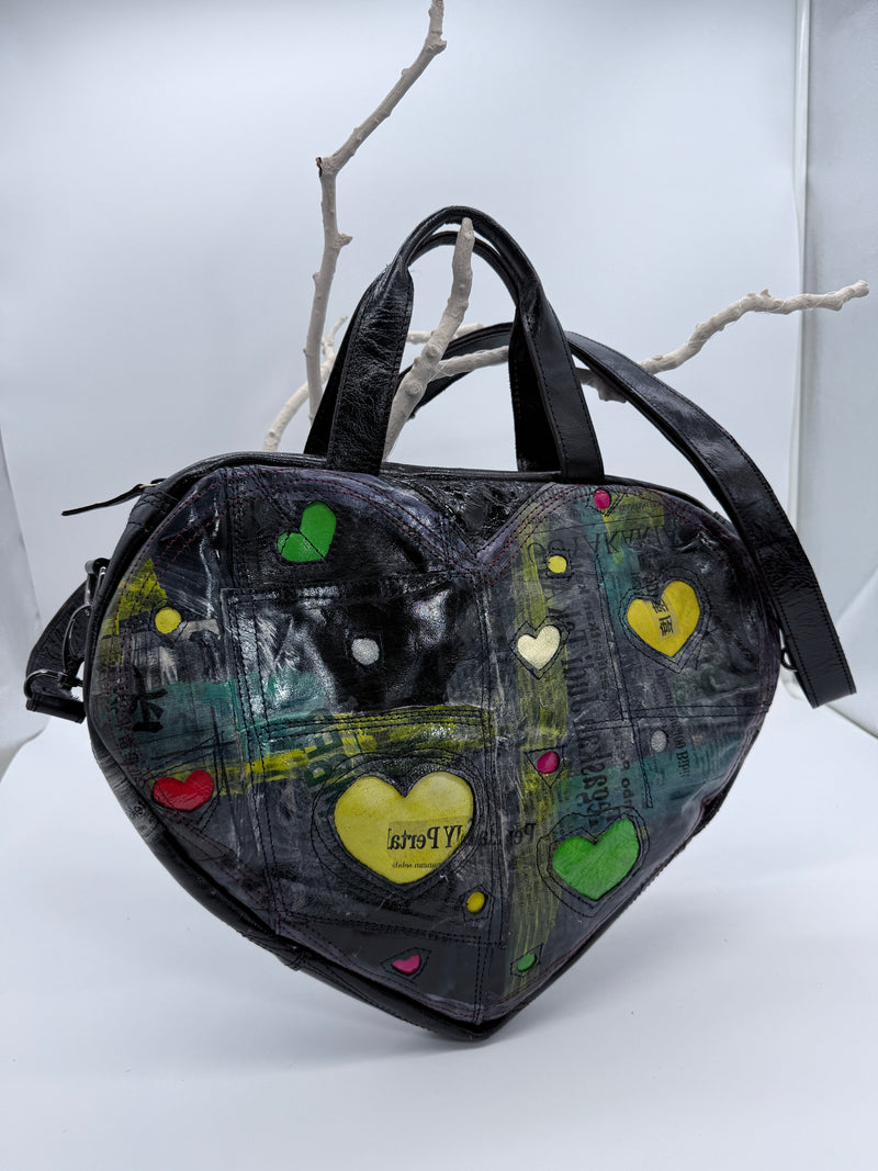 Canvas Carry – Handbag in Painted Upcycled Leather Heart Shape