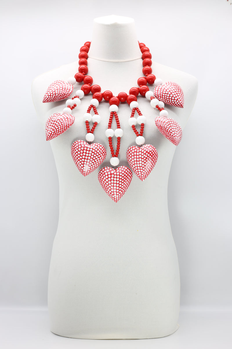 Recycled Wooden Beads Necklace With 7 Hand Painted Polkadots Hearts - Jianhui London