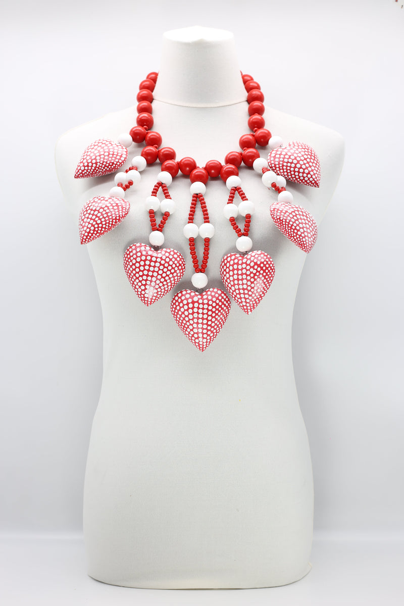 Recycled Wooden Beads Necklace With 7 Hand Painted Polkadots Hearts