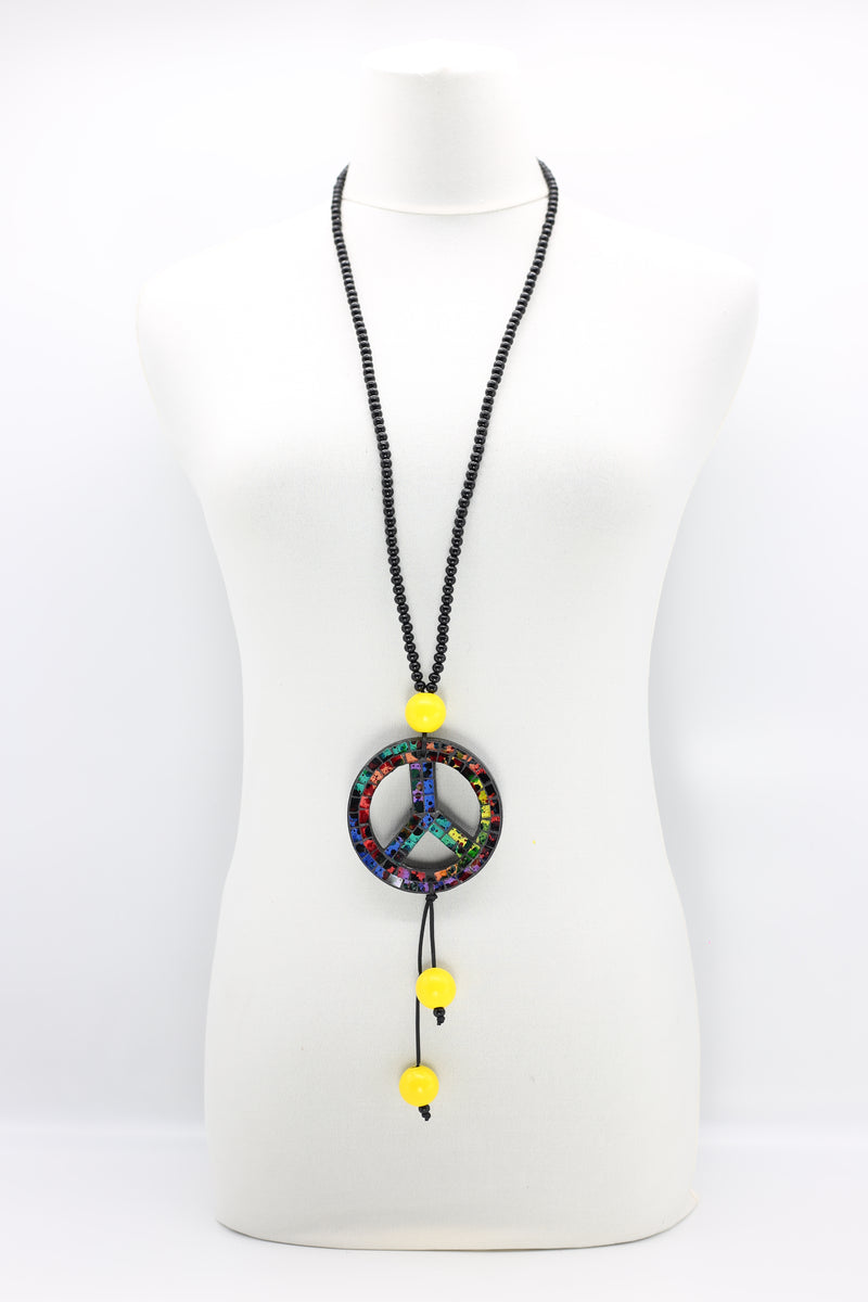 5x6mm Black Beads With Recycled Glass Mosaic Peace Pendent Necklace - Jianhui London