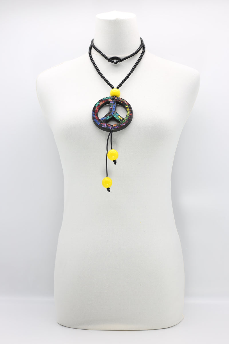 5x6mm Black Beads With Recycled Glass Mosaic Peace Pendent Necklace - Jianhui London