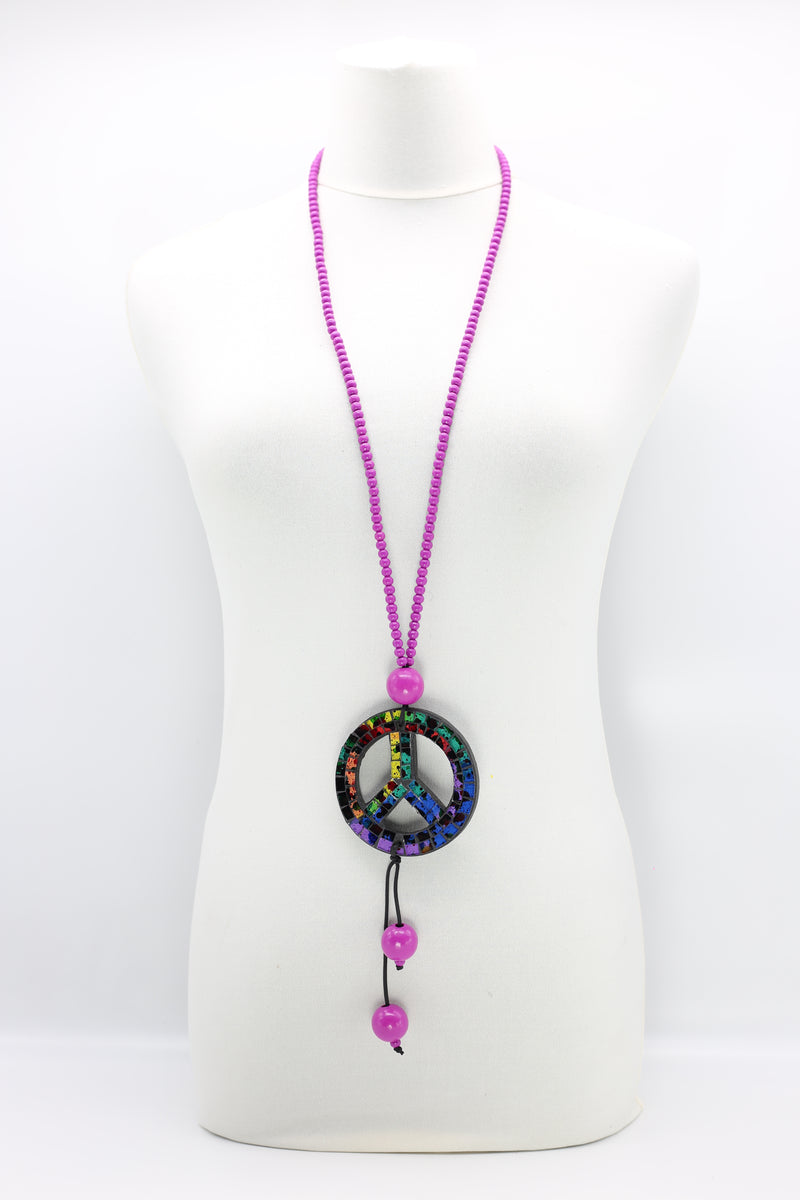 5x6mm Black Beads With Recycled Glass Mosaic Peace Pendent Necklace - Jianhui London