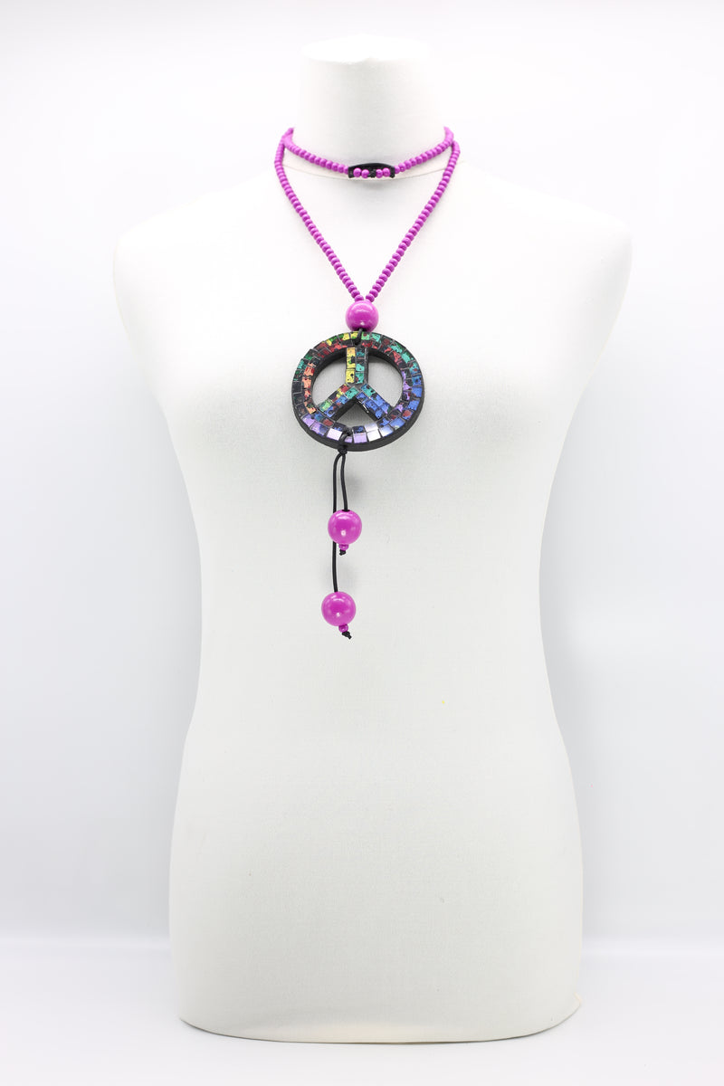 5x6mm Black Beads With Recycled Glass Mosaic Peace Pendent Necklace - Jianhui London
