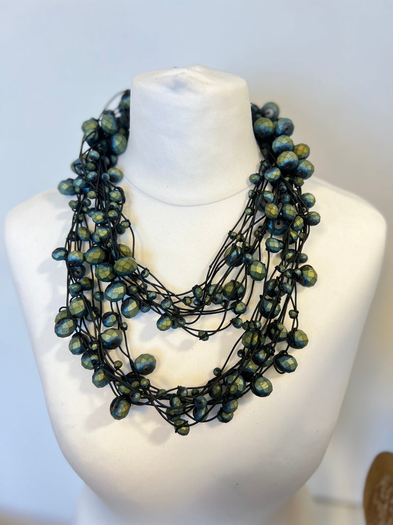 Crystal Faceted Beads on Rubber Necklace - Transparent Red