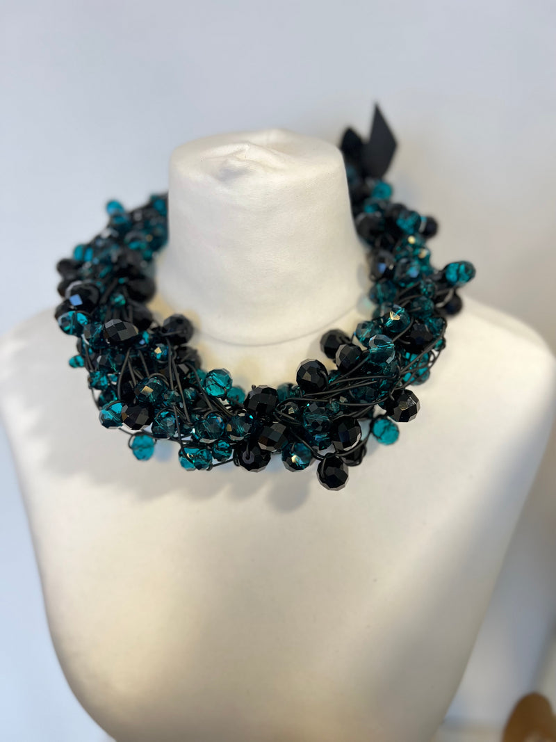 Crystal Faceted Beads on Rubber Necklace - Transparent Red