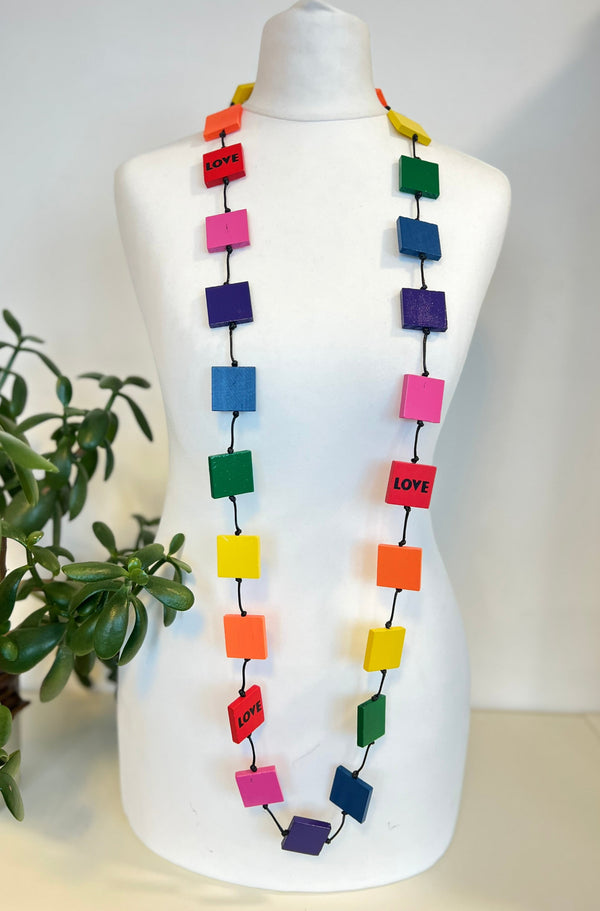 Recycled Wood Square Necklace - Rainbow With Love