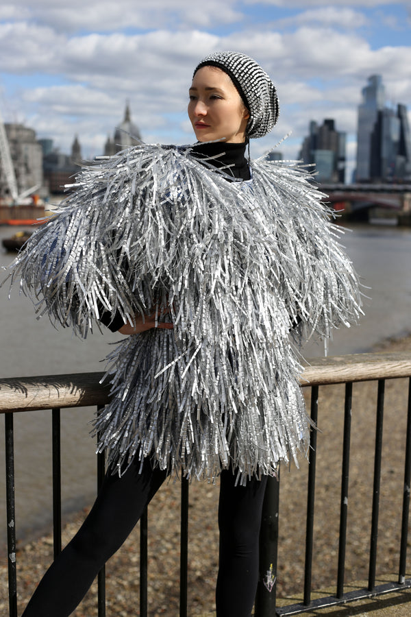 HAND MADE SILVER FRINGE JACKET FROM RECYCLED PLASTIC BOTTLE - Jianhui London