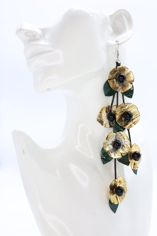 UPCYCLED PLASTIC BOTTLES POPPY WITH GREEN LEAF EARRINGS - Gilded