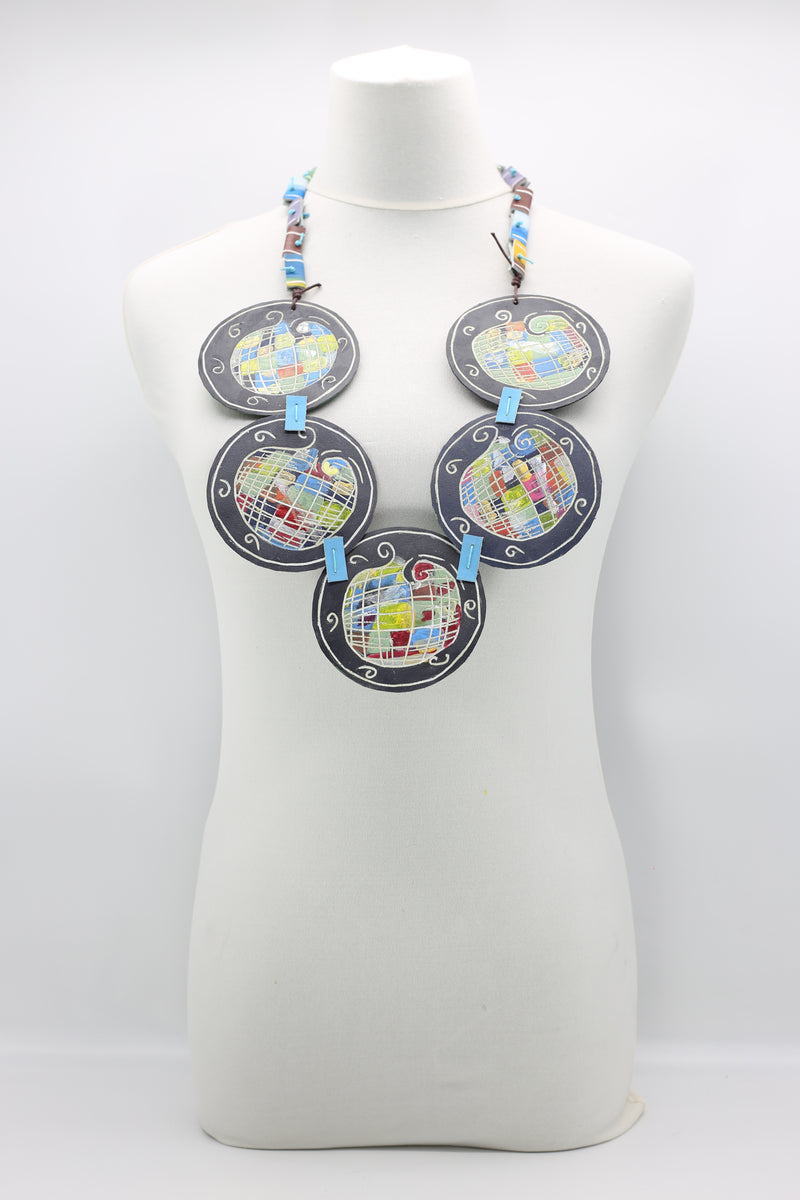 Hand Carved And Painted Recycled Leather Planet Disk Necklace - Jianhui London