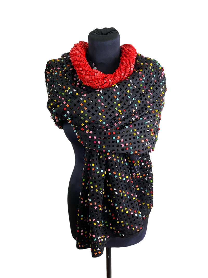 Laser Cut Shawl With Hand Painted Summer Multicolour With Black Speckles - Jianhui London