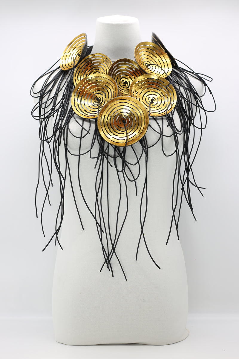 Big carved coconut shell necklace with leatherette fringe - Jianhui London