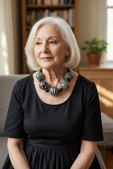 Woman wearing a black dress and a black and white patterned necklace SUPER GIANT BEADS STATEMENT LIGHTWEIGHT NECKLACES HANDMADE FROM RECYCLED WOOD - SUSTAINABLE JEWELRY
