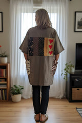 Sustainable Quilted Smock Top – Handmade Recycled Fabric Cotton Blouse with Heart Details & Pockets