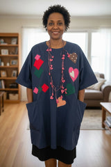 Sustainable Quilted Smock Top – Handmade Recycled Fabric Cotton Blouse with Heart Details & Pockets