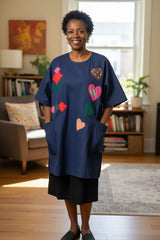 Sustainable Quilted Smock Top – Handmade Recycled Fabric Cotton Blouse with Heart Details & Pockets
