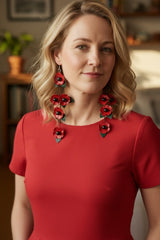 UPCYCLED PLASTIC BOTTLES POPPY WITH GREEN LEAF EARRINGS