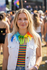 Upcycled Rainbow Ribbon with recycled wooden beads Short Necklace Pride Style
