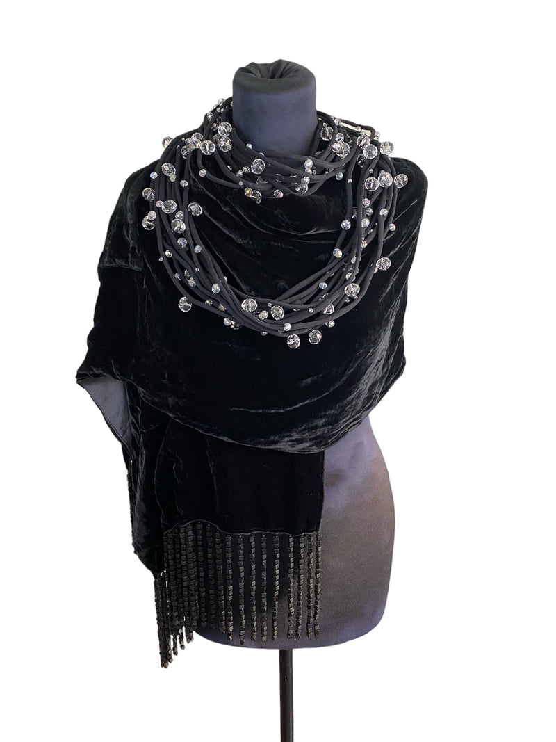 Velvet Shawl With Black Wooden Beads Tassel - Jianhui London