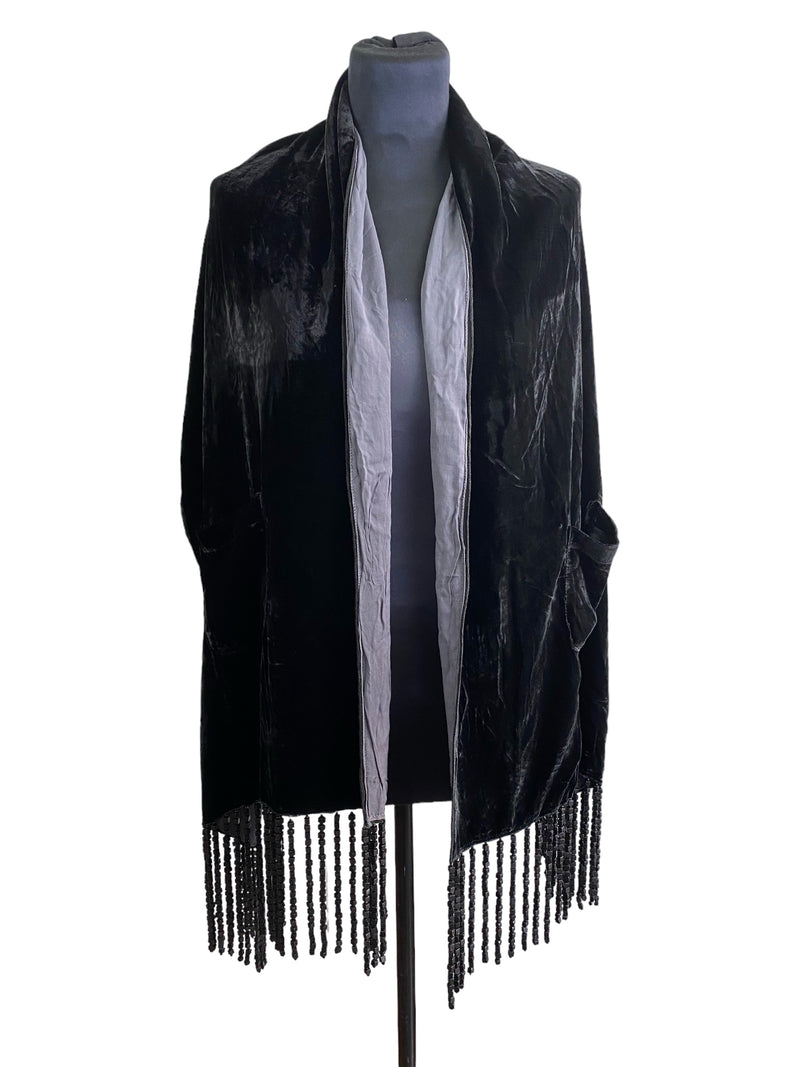 Velvet Shawl With Black Wooden Beads Tassel - Jianhui London