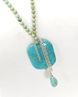 Vintage Onyx light green tiny beads with square turquoise stone pendnat necklace