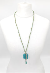 Vintage Onyx light green tiny beads with square turquoise stone pendnat necklace