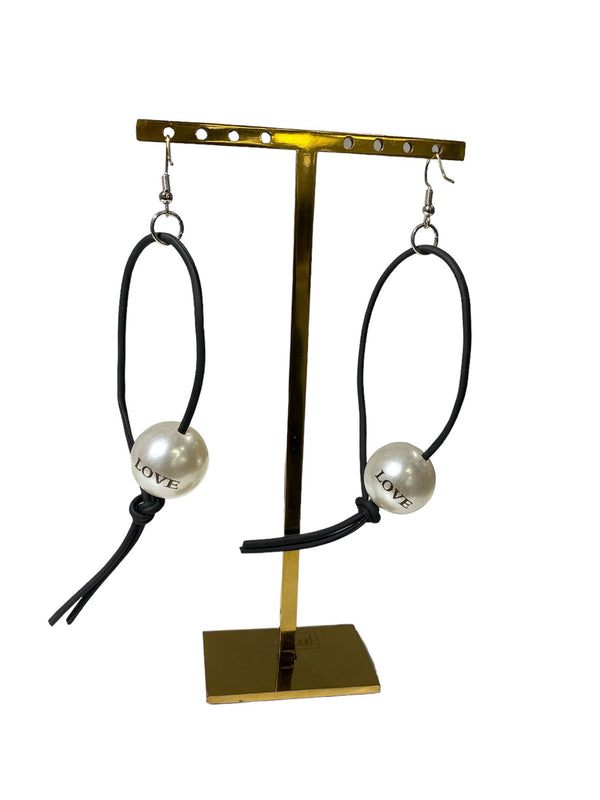 Faux Pearl With LOVE on Leatherette Loop Earrings