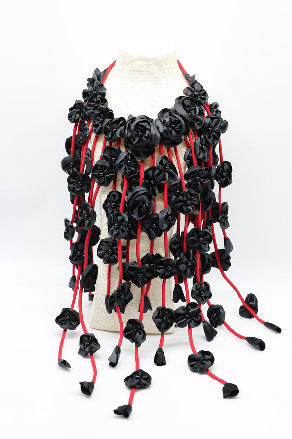 Poppy Garden Handmade textile flower long cape necklace